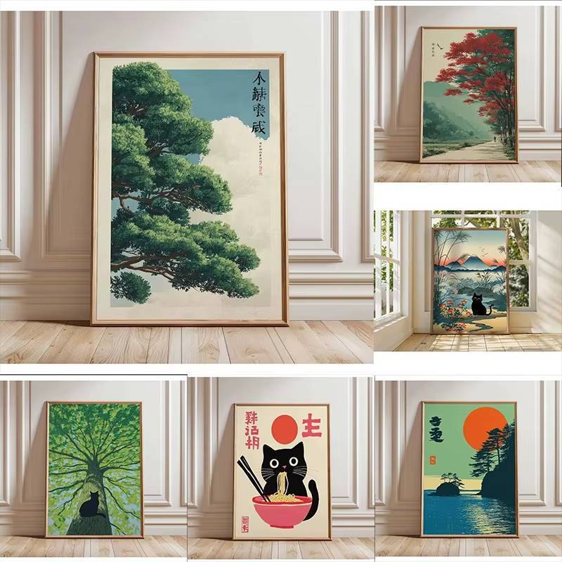Nhật Bản Ukiyo-e Phong Cách Nghệ Thuật Treo Tường Bộ Cây Thông Mèo Đen Ramen Canvas Nghệ Thuật Chống