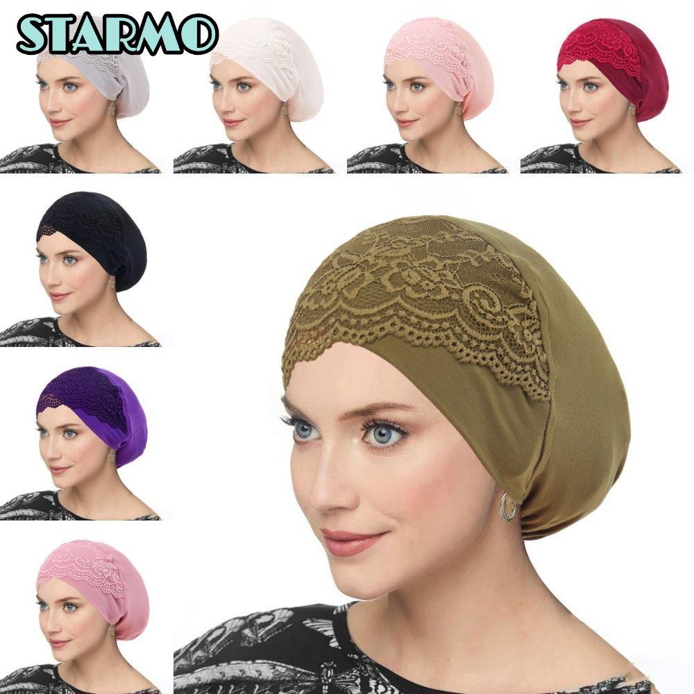 STARMO Inner Hijab Undercap, Mũ Hijab ren co giãn thoáng khí, Mũ ống Hijab mềm thời trang Mũ nón nữ