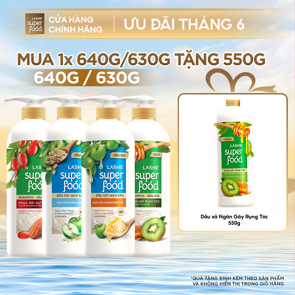 Dầu Gội LASHE SUPERFOOD Ngăn Rụng Tóc/Phục Hồi Hư Tổn/Sạch Gàu Giảm Rụng/Sạch Gàu Mềm Mượt 630G/640G