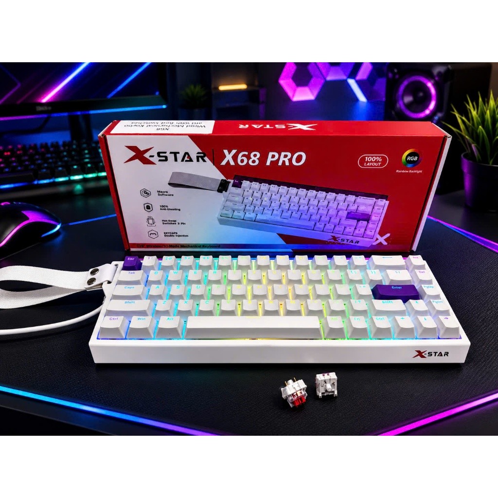 [Hỏa Tốc] Bàn Phím Cơ Gaming Xstar X68 Pro Không Dây - Thiết Kế 68 Phím Gọn Nhẹ, Pin Sạc, LED RGB Nh