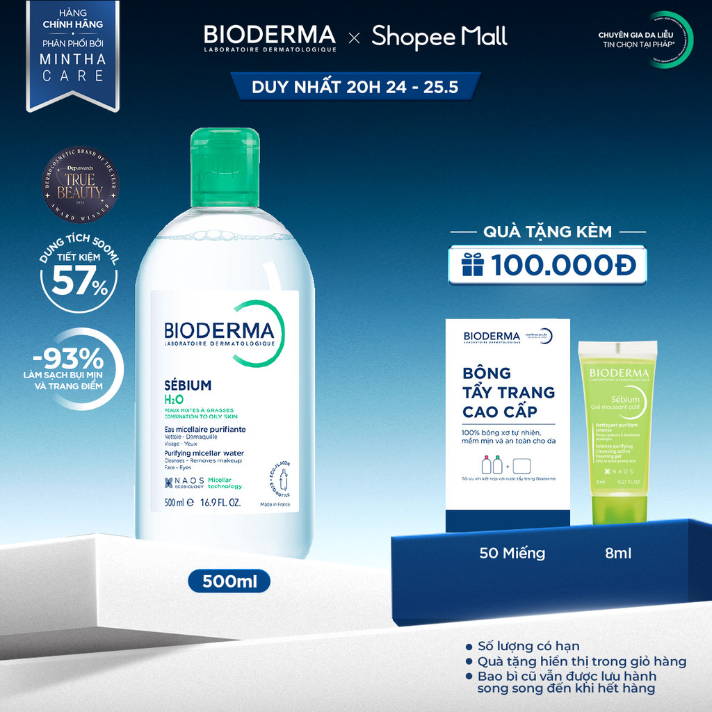 Dung dịch làm sạch và tẩy trang công nghệ Micellar cho da hỗn hợp, da dầu, và da mụn Bioderma Sebium