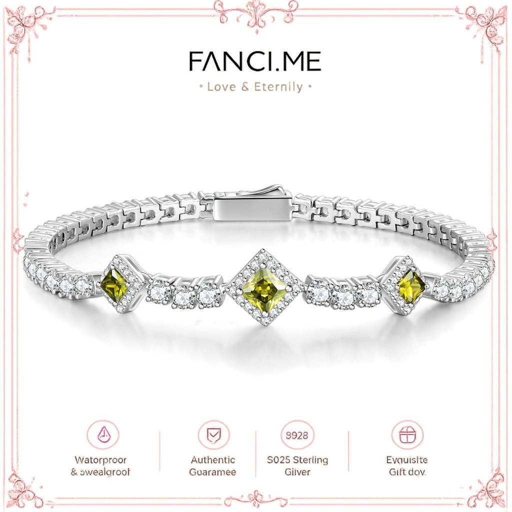 FANCIME "Square Sparkle" Vòng tay Tennis bạc Peridot tháng 8