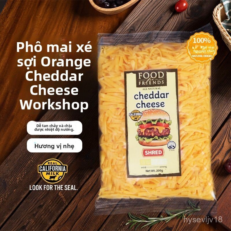 Xưởng Phô Mai - Phô Mai Cheddar Cam Sấy Sợi200g Bánh pizza phô mai bào sợi nguyên bản nướng với cơm 