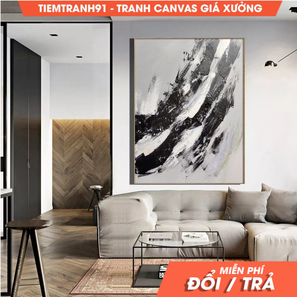 Tranh treo tường, Large Abstract Painting,Modern Abstract Painting,Oil Hand Painting,Gray White Pain