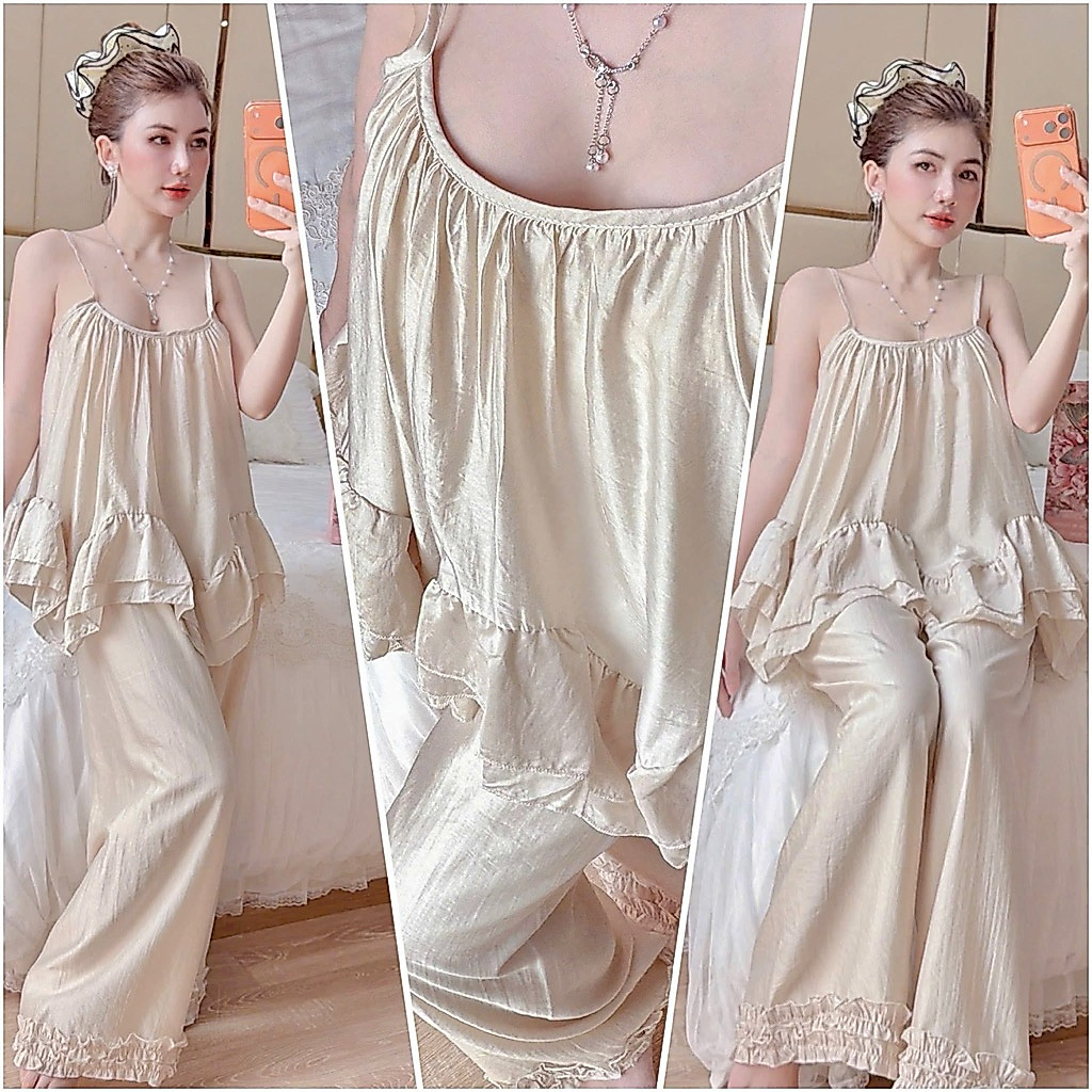 Bộ đồ ngủ mặc nhà 2 dây quần dài bánh bèo vải thô tơ gấu lượn vàng Quảng Châu cao cấp