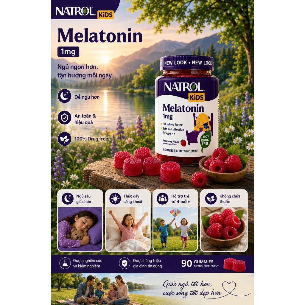 Kẹo Dẻo Mỹ Cho Bé Natrol Kids Melatonin 1mg - Hũ 90 Viên