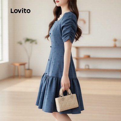 Lovito thanh lịch Váy Duyên Dáng Họa Tiết Đuôi Ren Dây Rút Phía Trước Xanh Navy Xuân Hè Nữ L172ED280