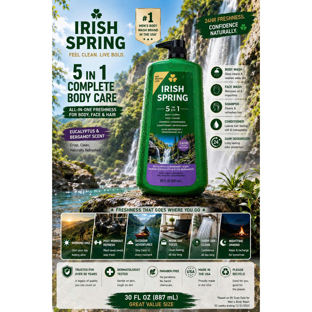 [CAM KẾT CHÍNH HÃNG] Sữa Tắm Gội Nam Đa Năng Irish Spring 5 in 1 Của Mỹ 887ml
