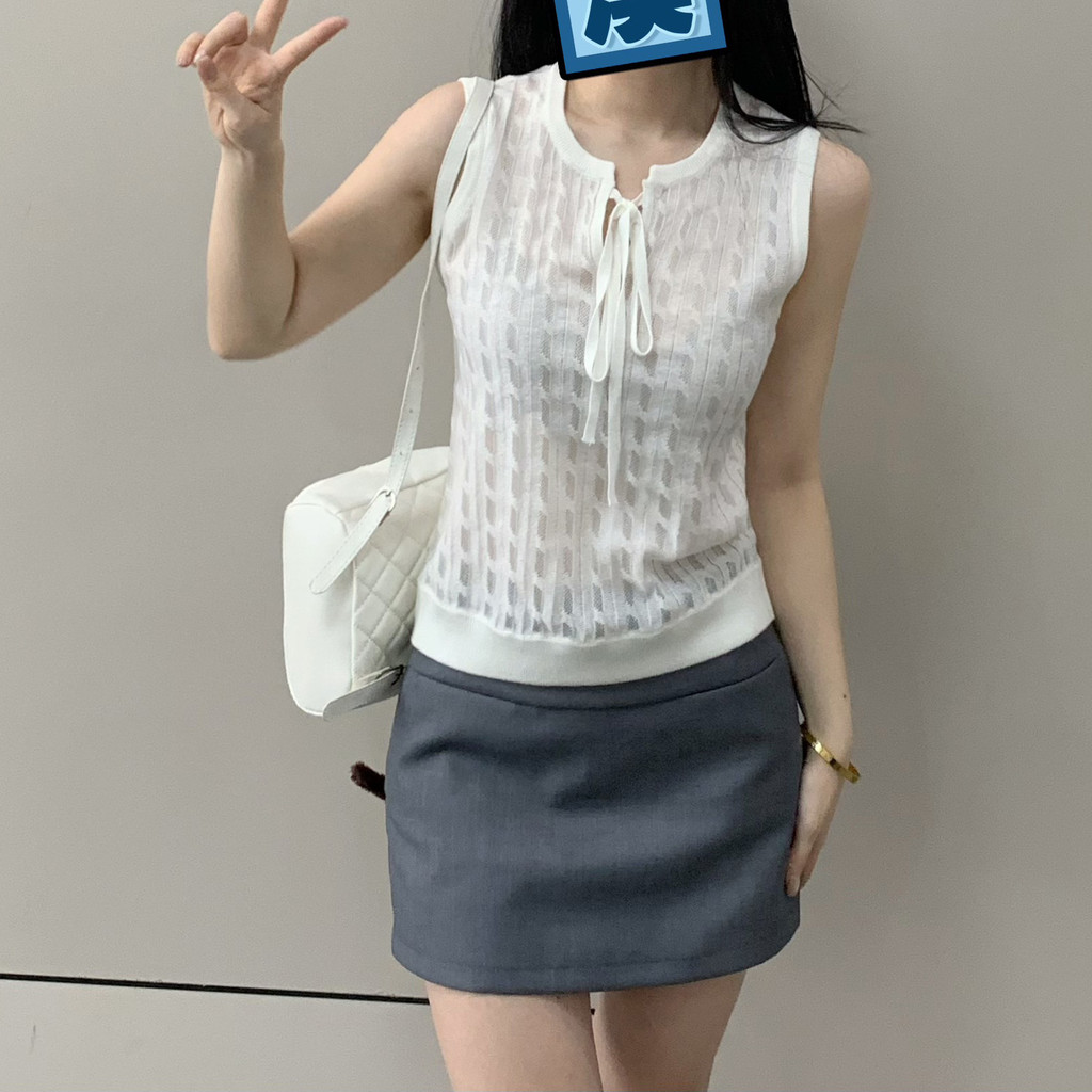 CGKB TM Round-neck hollowed-out lace-up tank top T Women's T-shirt2025New Summer Sleeveless Knit Top
