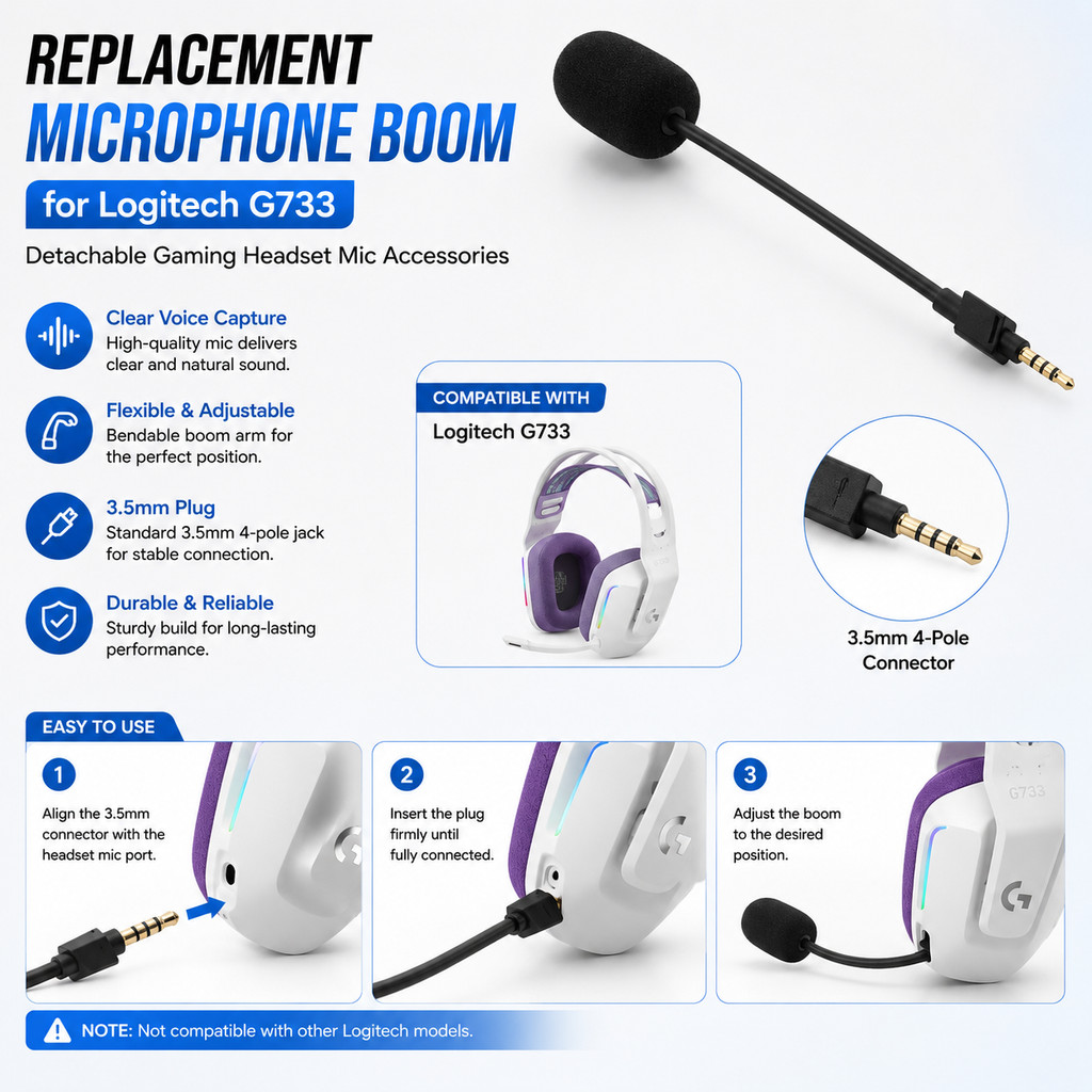 Micro thay thế Boom cho Logitech G733 Tai nghe chơi game có thể tháo rời Mic Phụ kiện