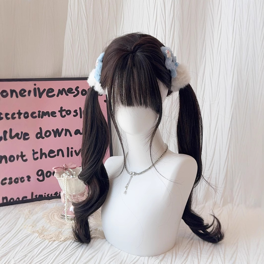 KCAQ Women's long black curly hair wig for round faces, soft girl style with double ponytails lolita