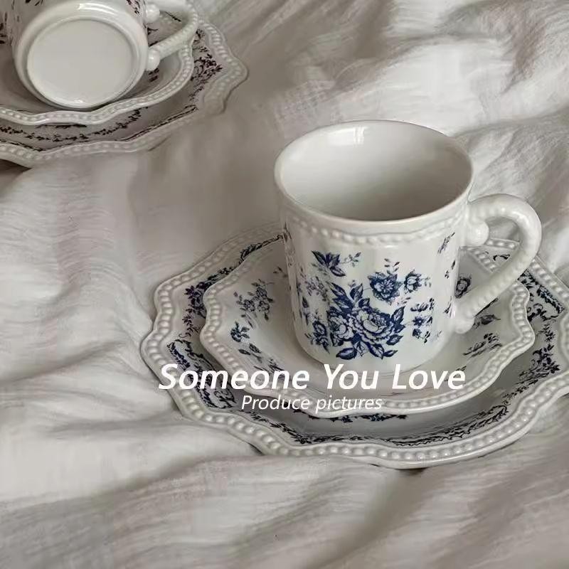 G GMR Home GM1 A1 Trung Cổ Xanh Trắng Cà Phê Đĩa Cổ Điển Chiều Trà Latte Cup Cốc Gốm Cốc