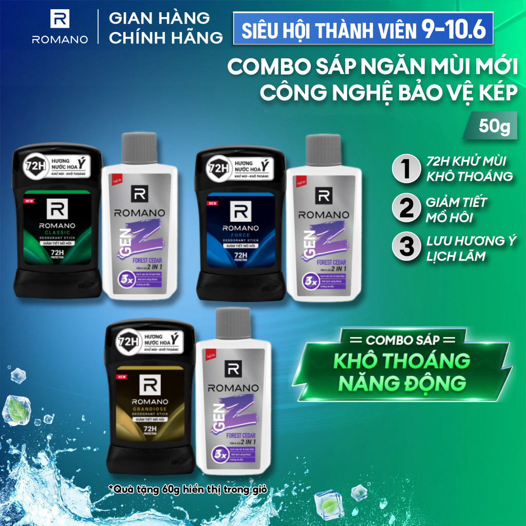 Sáp ngăn mùi cho nam Romano 50g - Khử mùi 72H, lưu hương Ý dài lâu