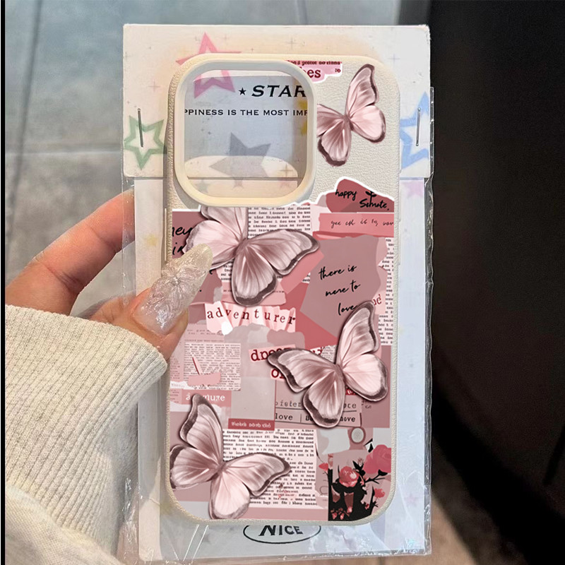 Bướm Hồng Poster Báo Cũ Mô Hình Da Giả Vật Liệu ỐpLưng IPhone 17 16 15 14 13 12 11 Pro Max Plus XR X