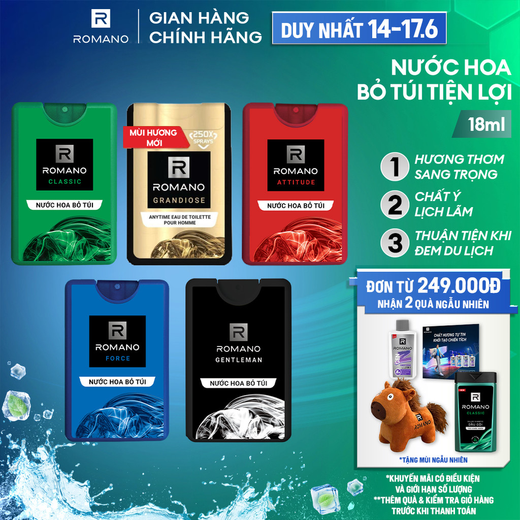 Nước hoa nam bỏ túi Romano hương Attitude/Classic/Force/Gentleman/Grandiose 18ml/chai - 4 mùi hương 