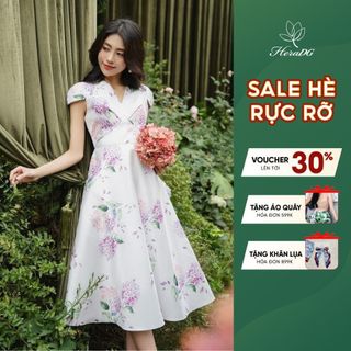 Đầm xoè tay ngắn cổ tim HeraDG thiết kế xếp ly ngực, họa tiết hoa cẩm tú cầu thanh lịch, chất tafta cao cấp - SDCBD1001