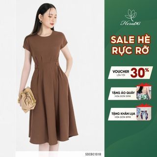 Đầm nữ HeraDG thiết kế dáng xòe xếp ly tay liền đính khuy phần eo chất liệu tuytsi cao cấp SDCBC1018