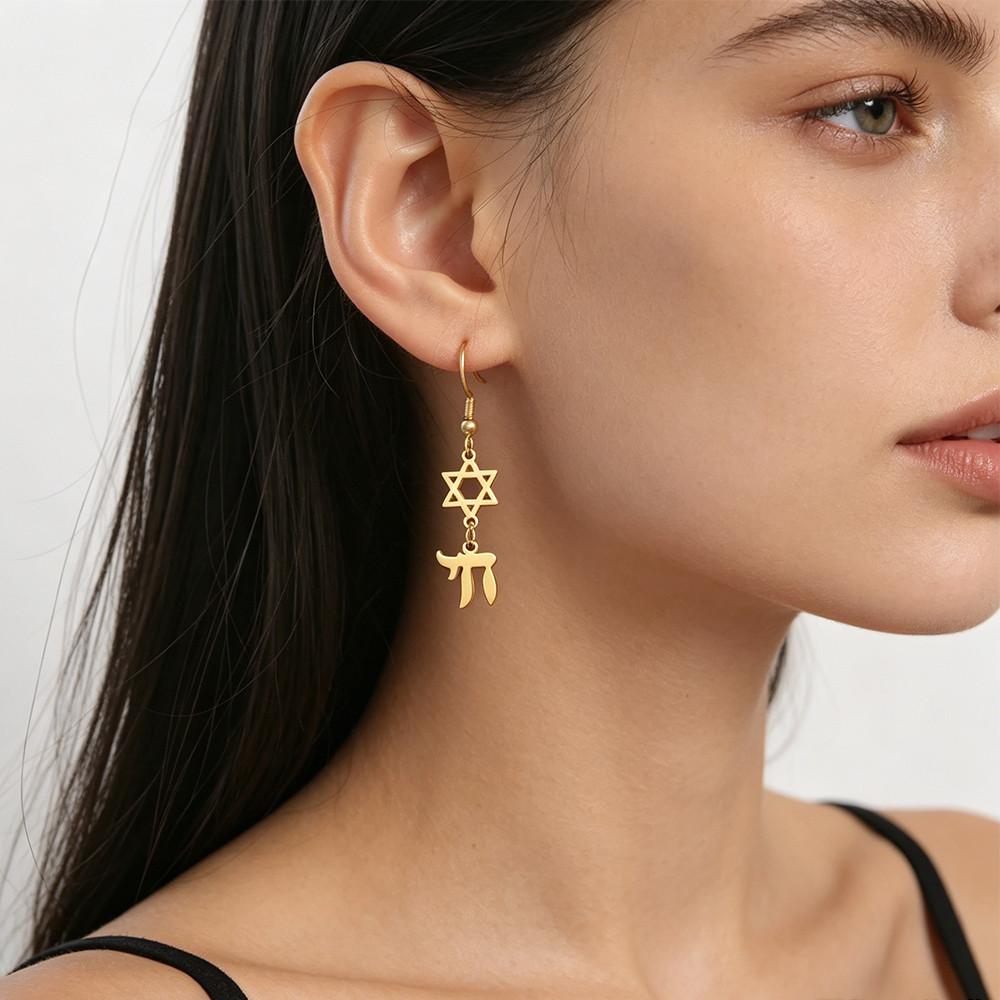 LIKGREAT Ngôi Sao David Tòn Ten Bông Tai Thép Không Gỉ Màu Vàng Thả Bông Tai Hexagram Do Thái Do Thá