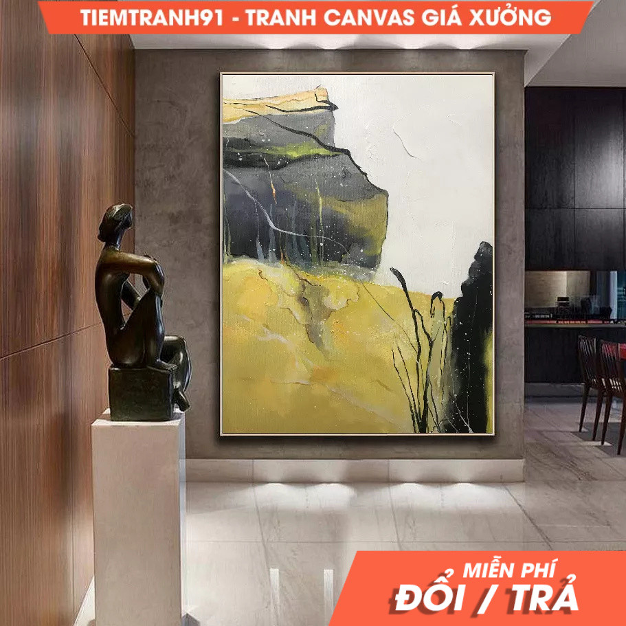 Tranh treo tường, Large Abstract Painting Original Minimalist Abstract Painting Gray Painting Yellow