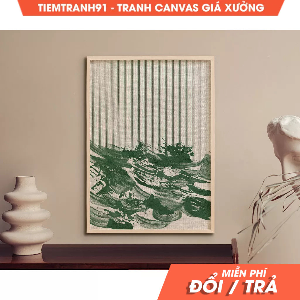 Tranh treo tường, Abstract Green Waves Wall Art, Boho Artful Wallart Print, Minimalist Artful, tặng 