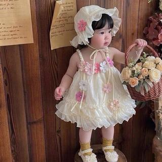 [ĐỘC QUYỀN] Váy Kem 2 Dây Đính Hoa 2 Tầng Bèo Kèm Mũ Cho Bé 3-12kg