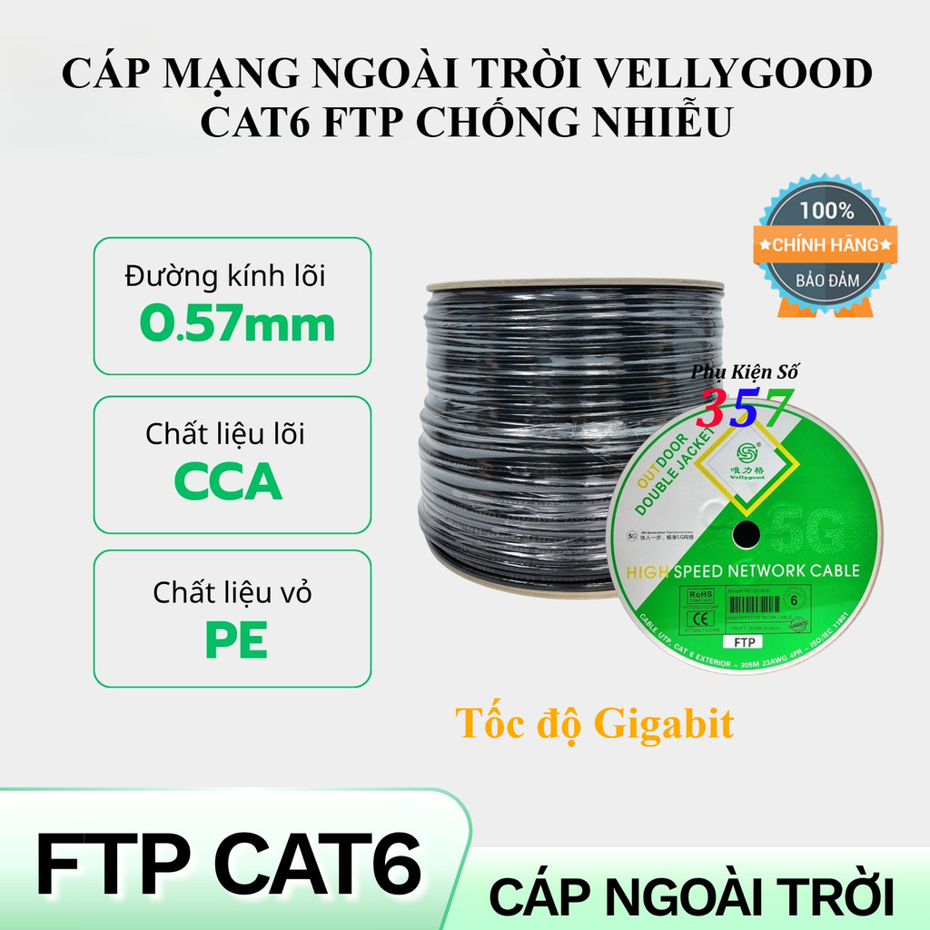 Cáp Mạng Ngoài Trời VELLYGOOD CAT6 FTP 23AWG 0.57mm 305 Mét- Chính Hãng