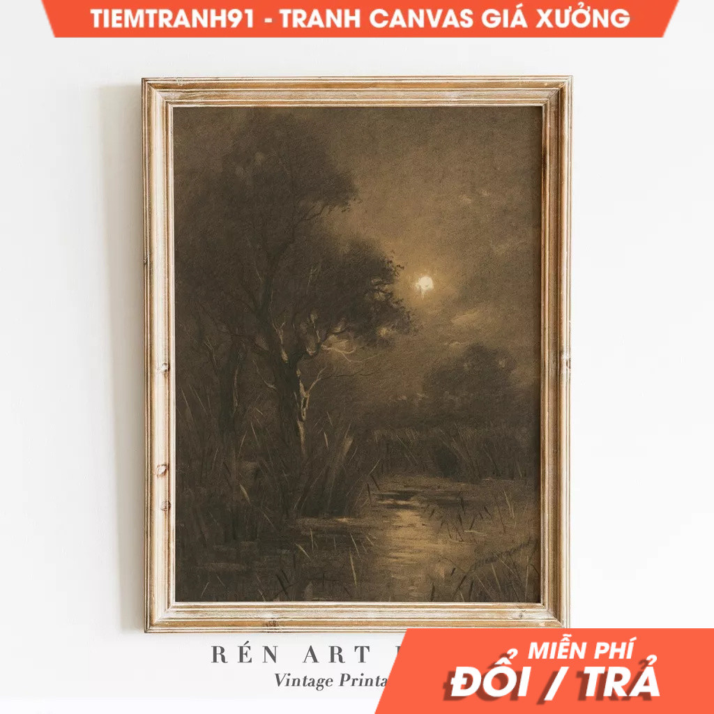 Tranh treo tường, Moody Landscape Painting Dark Wall Art Vintage Night Painting Moody Wall Art, tặng