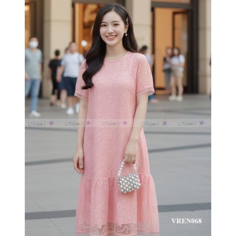 Đầm suông, đầm bầu công sở Mum's Shop VREN068 Váy ren nude sang chảnh cho bầu và bigsize