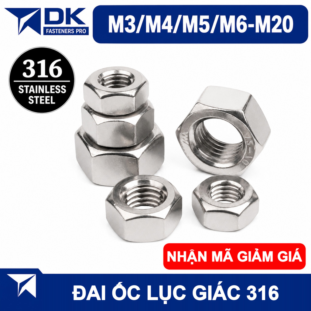(INOX316) Đai ốc , Ecu, tán lục giác INOX 316 đủ size M3 M4 M5 M6-M20 [BL]
