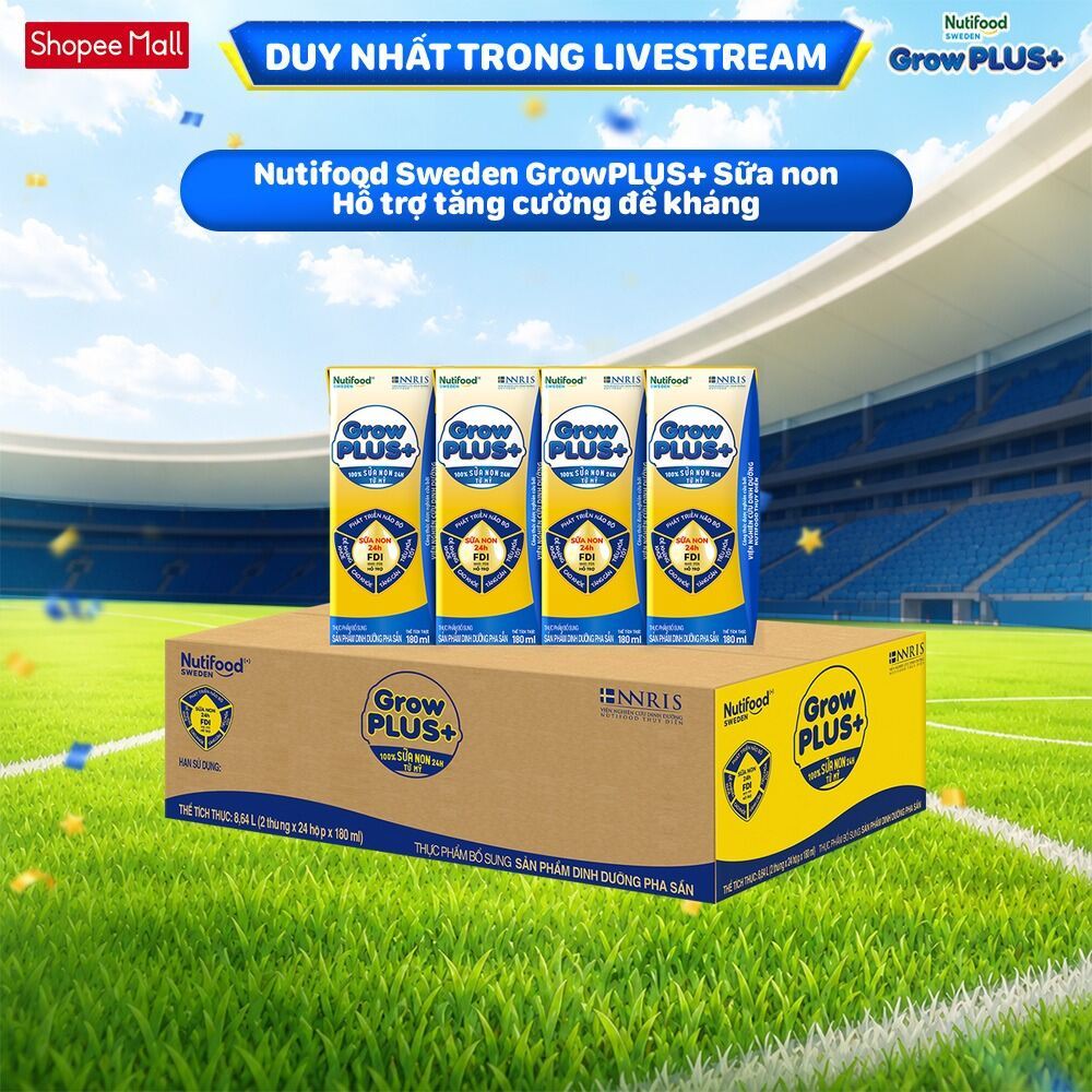 [LIVESTREAM KOL] Thùng Sữa Bột Pha Sẵn GrowPLUS+ Sữa Non Tăng Đề Kháng 180ml - Trên 1 Tuổi (48 Hộp x