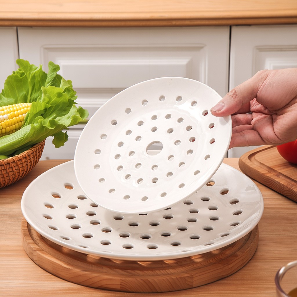 2026 Rỗng Gốm Sứ Xốp Hấp Tấm Bánh Bao Đĩa Thoát Đĩa Tròn Đĩa Trái Cây Hấp Hải Sản Hấp Đĩa Cá Hấp Hấp