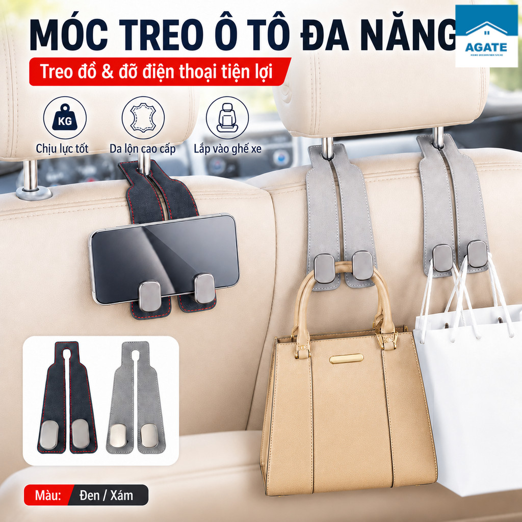 Móc treo ô tô đa năng gắn ghế xe, treo túi xách, đỡ điện thoại, da lộn microfiber, chịu lực tốt