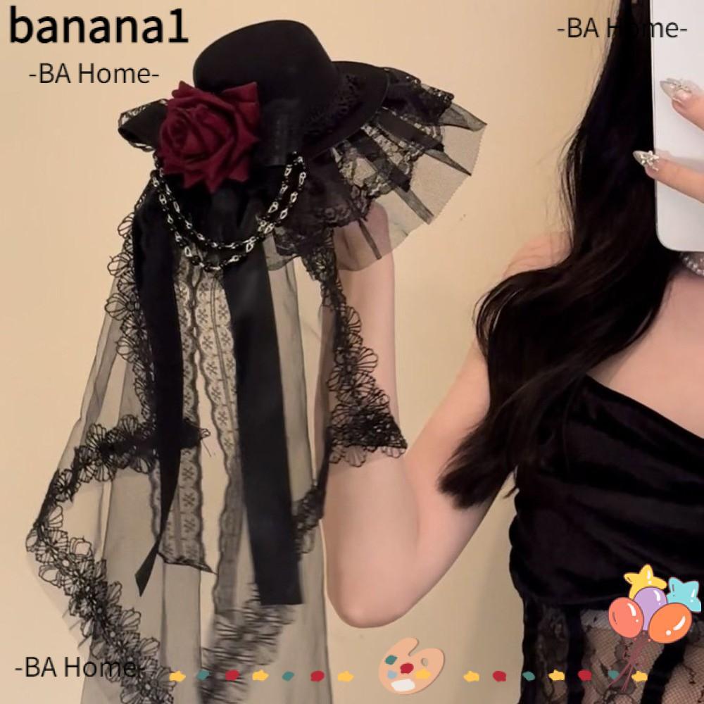 BANA Gothic Veil Rose Top Hat, Hoa Đen Trắng Nơ Trang Trí Mũ Gothic, Thời Trang Gothic Dark Cosplay 