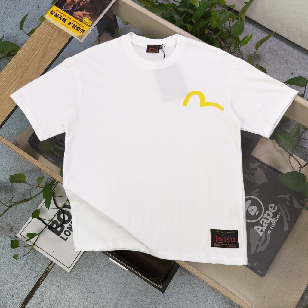EVISU / Thần Tài 2026 Áo Thun Ngắn Tay Nam Nữ Cặp Đôi, Cotton 100% Phong Cách Đường Phố Ngoài Trời, 
