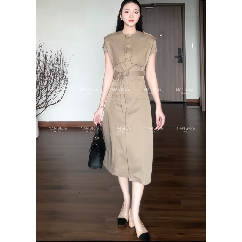 NAN Store - Váy kaki thiết kế cổ vạt dáng mangto 2 lớp kèm đai túi 2 bên