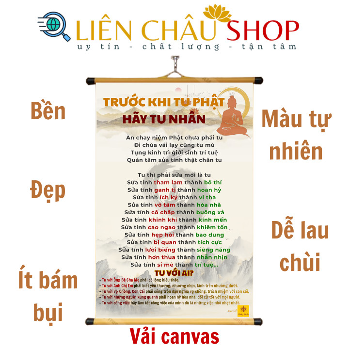 Tranh chữ Trước Khi Tu Phật Hãy Tu Nhân 40x60cm chất liệu vải cao cấp, dày dặn Liên Châu Shop