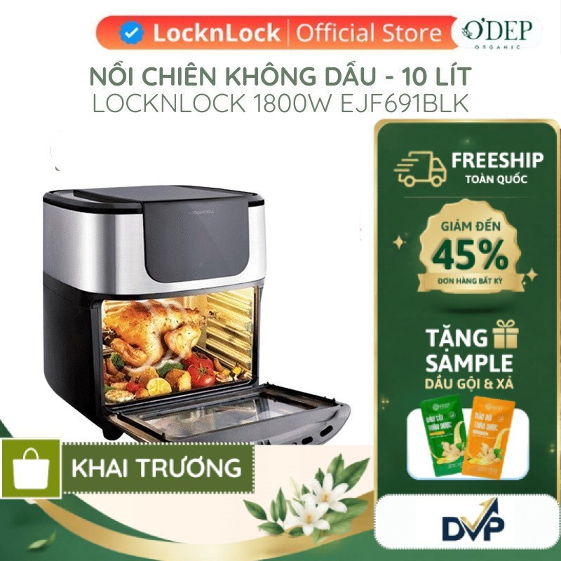 Lò nướng không khí 10 lít LocknLock Chính hãng Air Oven, Nhiều phụ kiện nấu nướng - Màu đen EJF691 -