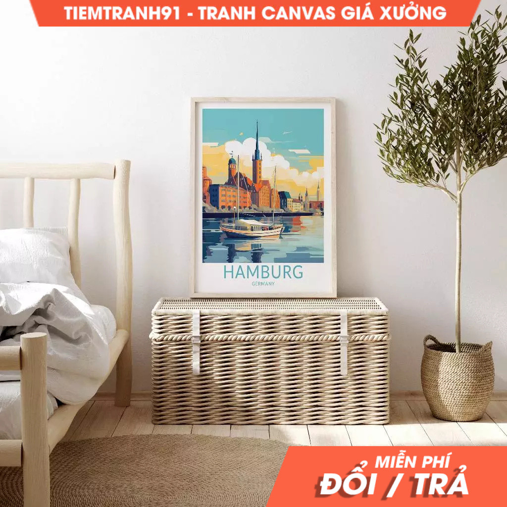 Tranh treo tường, Hamburg Germany Travel Poster Wall Art, Home Decor, tặng kèm đinh treo, in theo yê