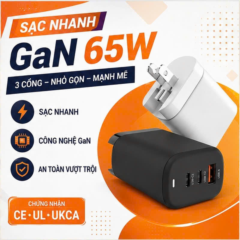Củ Sạc Nhanh PD 65W 3 Cổng, Củ Sạc Nhanh PD 20W PUCEN HOME GaN Sạc Laptop Điện Thoại Nhựa ABS+PC Gập