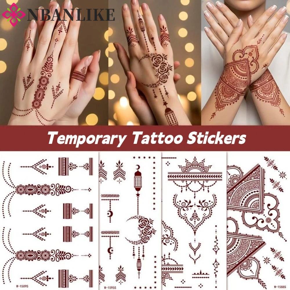 NBANLIKE Henna Hình Xăm Dán, Chân Cánh Tay Dụng Cụ Cưới Hình Xăm Tạm Thời, Ren Đỏ Henna Hình Xăm Ren