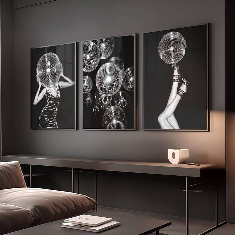 Bóng Disco Đen Trắng Retro Đảng Treo Tường Nghệ Thuật Bộ Vintage Thời Trang Canvas Nghệ Thuật