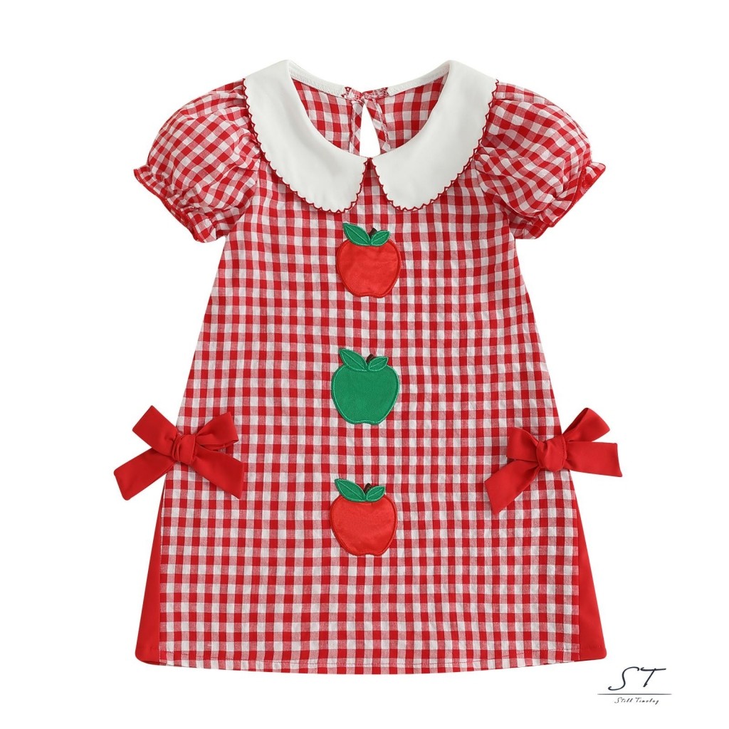 CY03-Little Girls Váy kẻ sọc chữ A mùa hè tay ngắn cổ búp bê Váy thêu táo