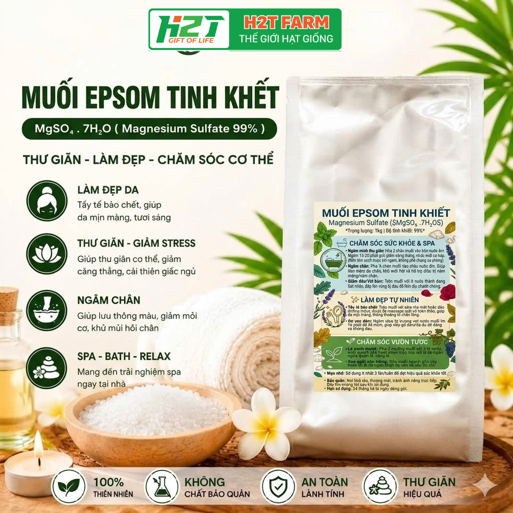 Muối Epsom Salt Pháp, MgSO4 99%, Dạng Hạt Tinh Thể, Tinh Khiết Dùng Trong Spa, Ngâm Tay Chân, Tắm 50