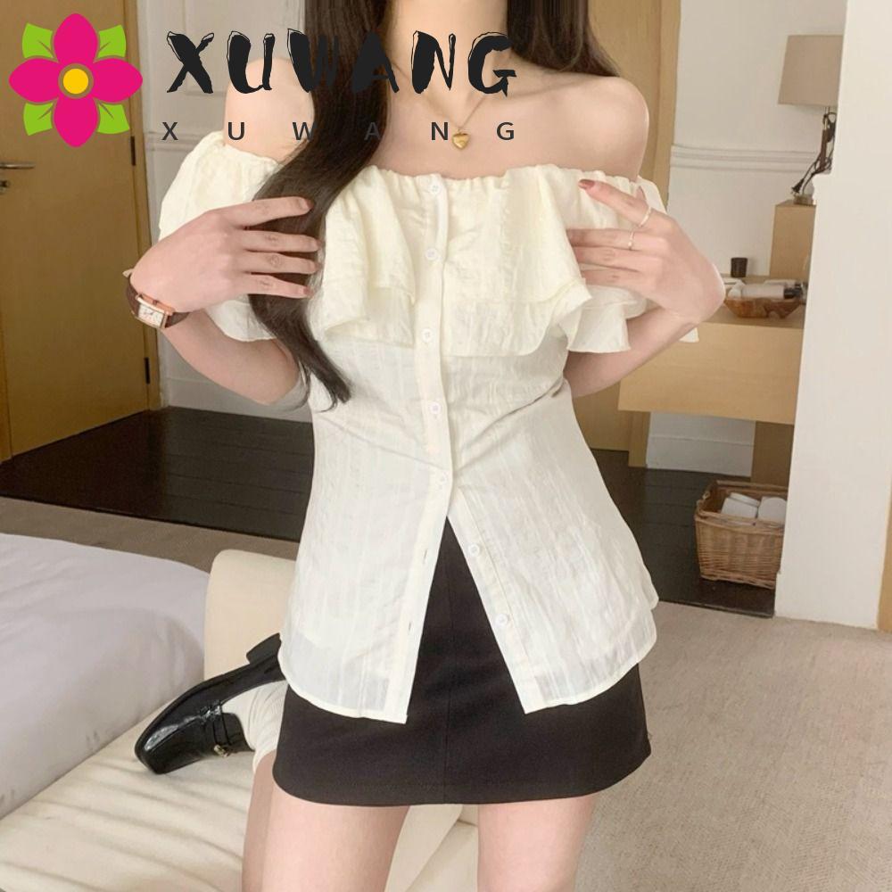 XUWANG Áo thun ngắn màu be Ruffle Sweet Clue