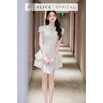Váy Gấm Cao Cấp Alice, Đầm Ngắn Phối Lưới Đính Hoa Hồng Nổi, Váy Ngắn Cổ Đính Nơ Dự Tiệc Sang Trọng V1462