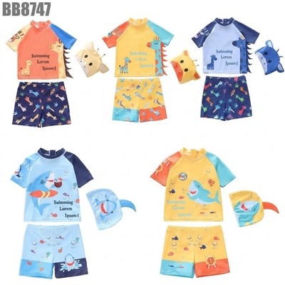 Set đồ bơi bé trai 3 món áo bơi tay ngắn quần bơi mũ bơi cá mập hươu cao cổ MINTSCLOSET BB8747