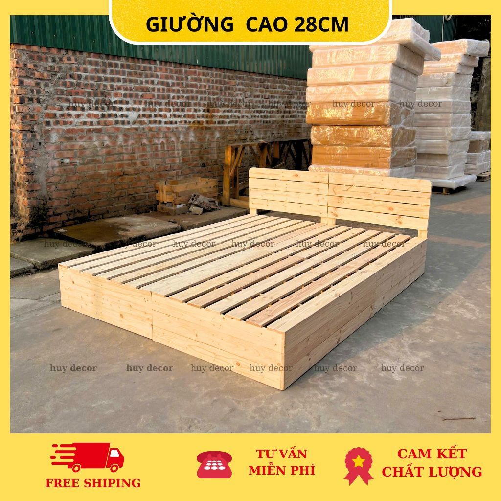 [ CÓ HƯỚNG DẪN LẮP] Giường pallet gỗ thông cao 28 cm  từ 1m2x2m, 2mx2m Huy decor