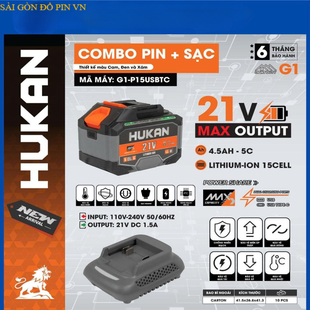 [CỔNG USB & TYPE C] Combo Phụ Kiện 15 Cell HUKAN G1-P15USBTC, Dung Lượng 4.5Ah, SAGONDOPINVN