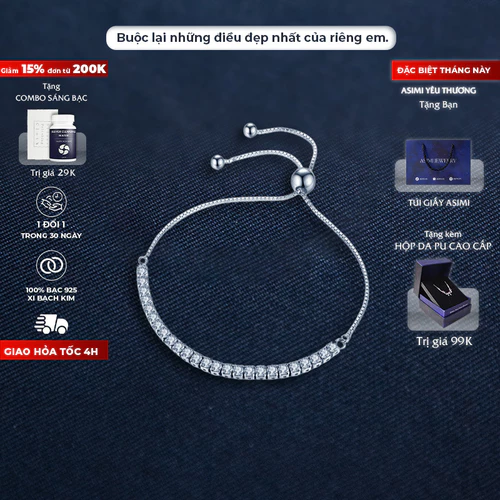 Lắc chân bạc rút chuỗi đá trơn Zircon Asimi Gem Rope LC03