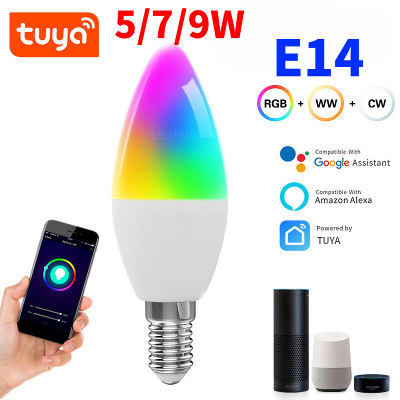 Bóng đèn LED WiFi thông minh 5W 7W 9W Tuya E14 Candel Light 220V Đèn RGB có thể điều chỉnh độ sáng Ứ
